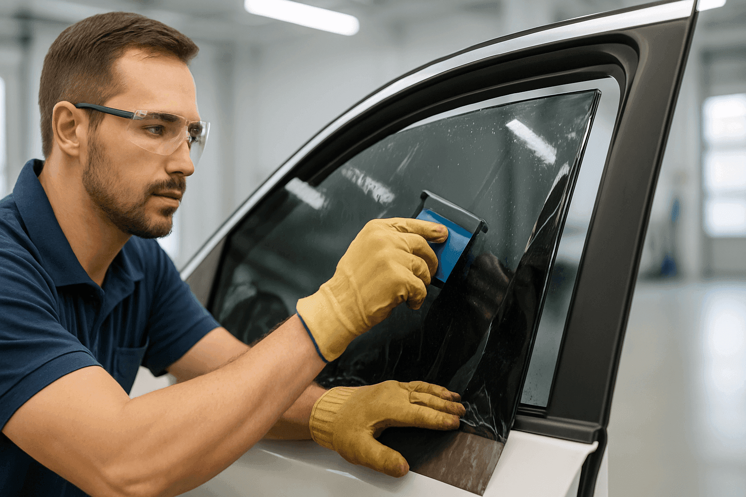 Technician applying tint film to a car window with squeegee