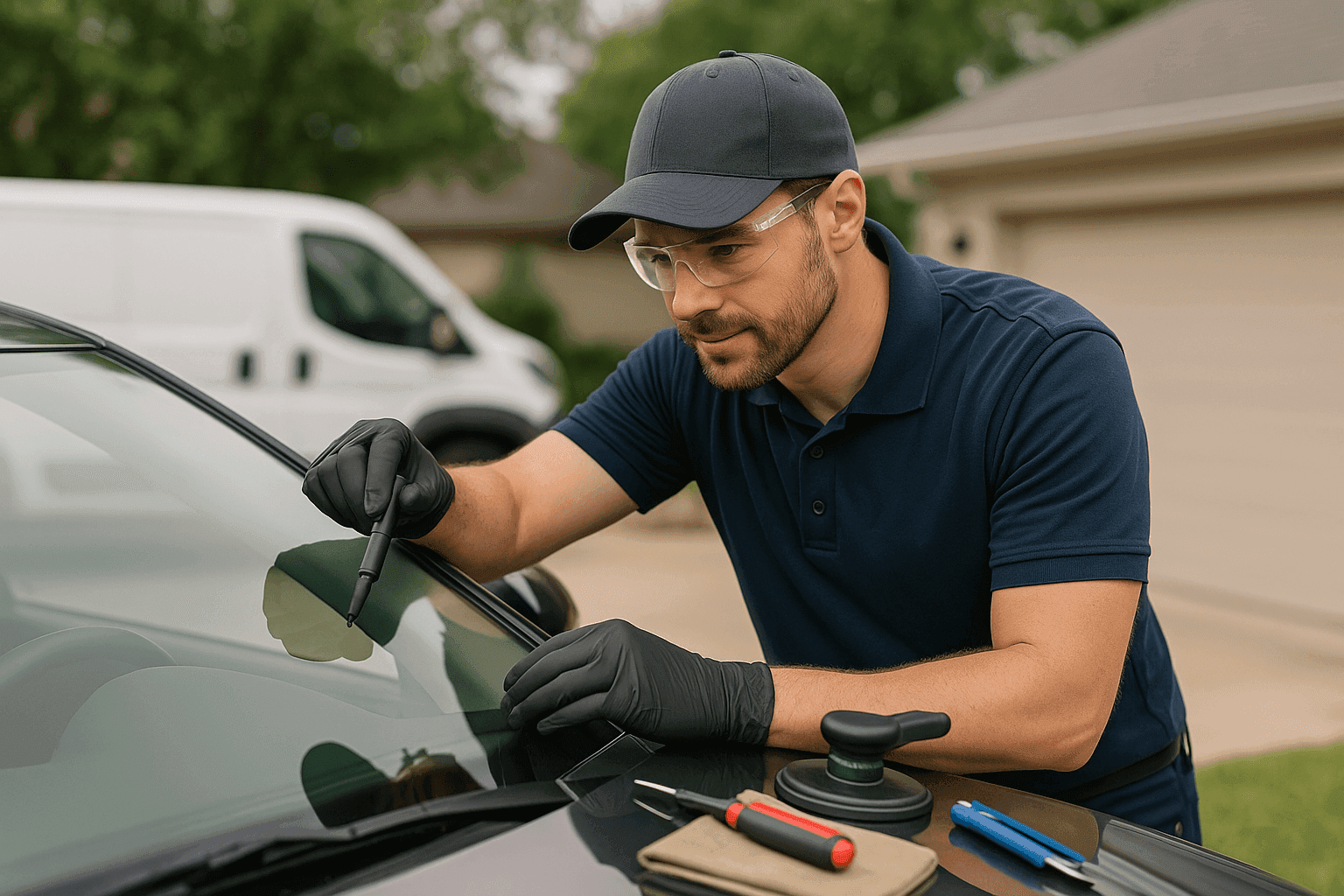Technician inspecting a car windshield for maintenance
