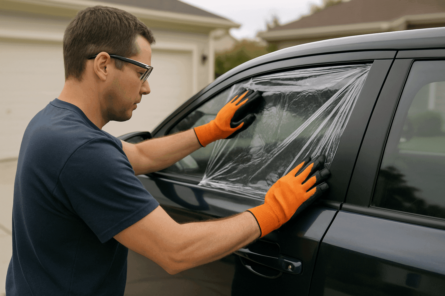 Homeowner applying temporary cover to broken car window