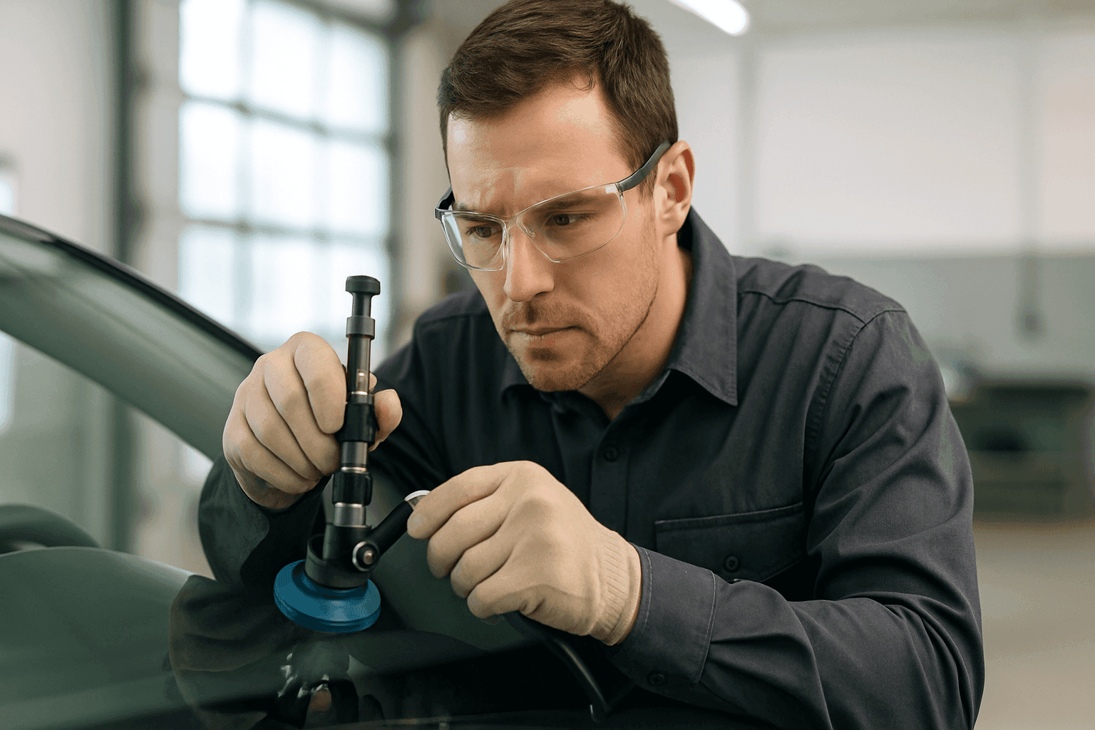 Technician inspecting a cracked windshield with repair tools