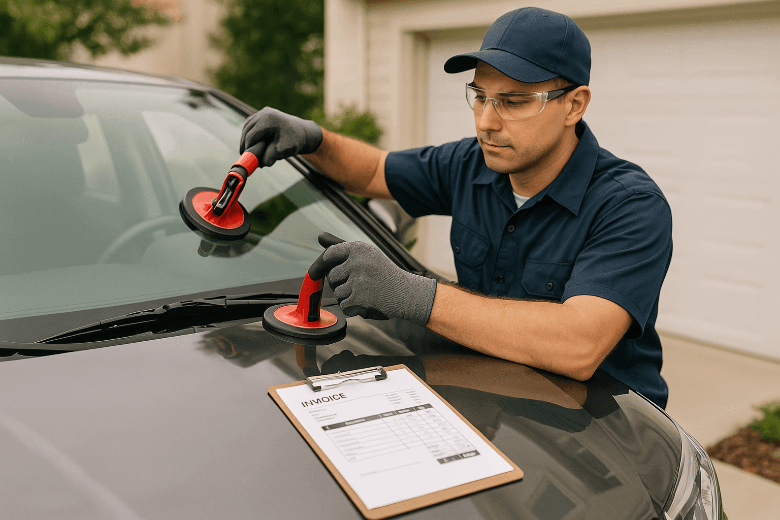 Auto glass technician replacing a windshield with pricing forms nearby